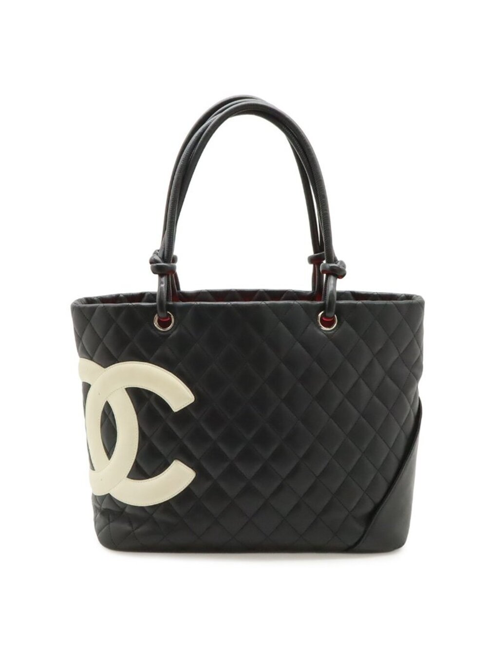 Chanel Cambon Line CC Logo Large Tote Shoulder Bag Soft Calf Black White Silver